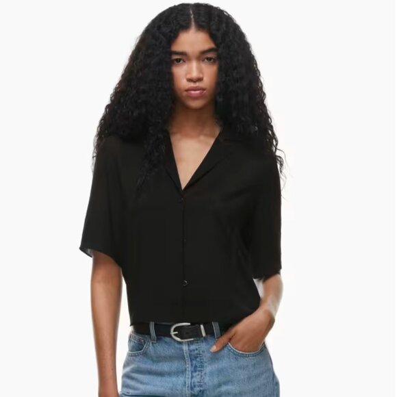 Aritzia Wilfred Black Beso Short Sleeve Button Up Shirt Satin Blouse Size S NWT - Picture 3 of 6